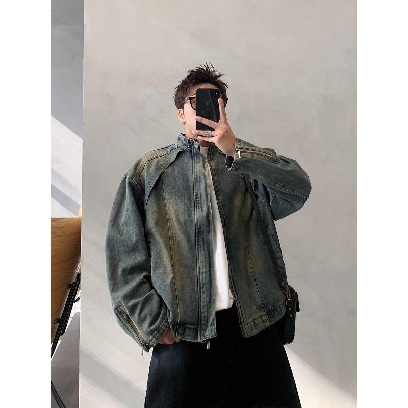 

Весенняя джинсовая куртка в стиле ретро с выбеленным дизайном и воротником-стойкой. Модный бренд. 3XL синий