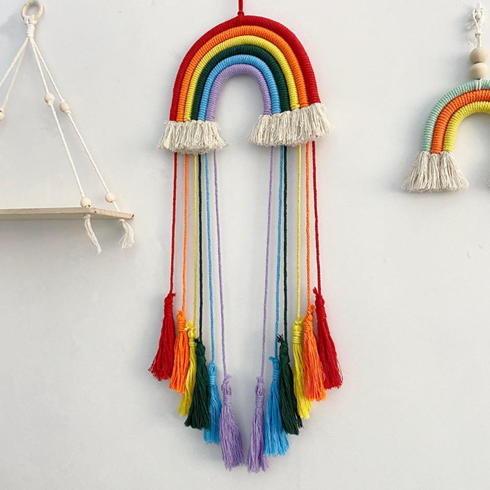 Hand-woven Weaving Rainbow Hangings Cotton Rope Bedroom Pendant Tassel Tapestry  Children's Room