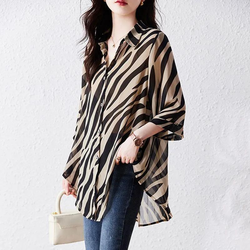 Women's Seven-minute Sleeve Striped Sunscreen Chiffon Shirt Thin Section Loose Belly-shading Blouse