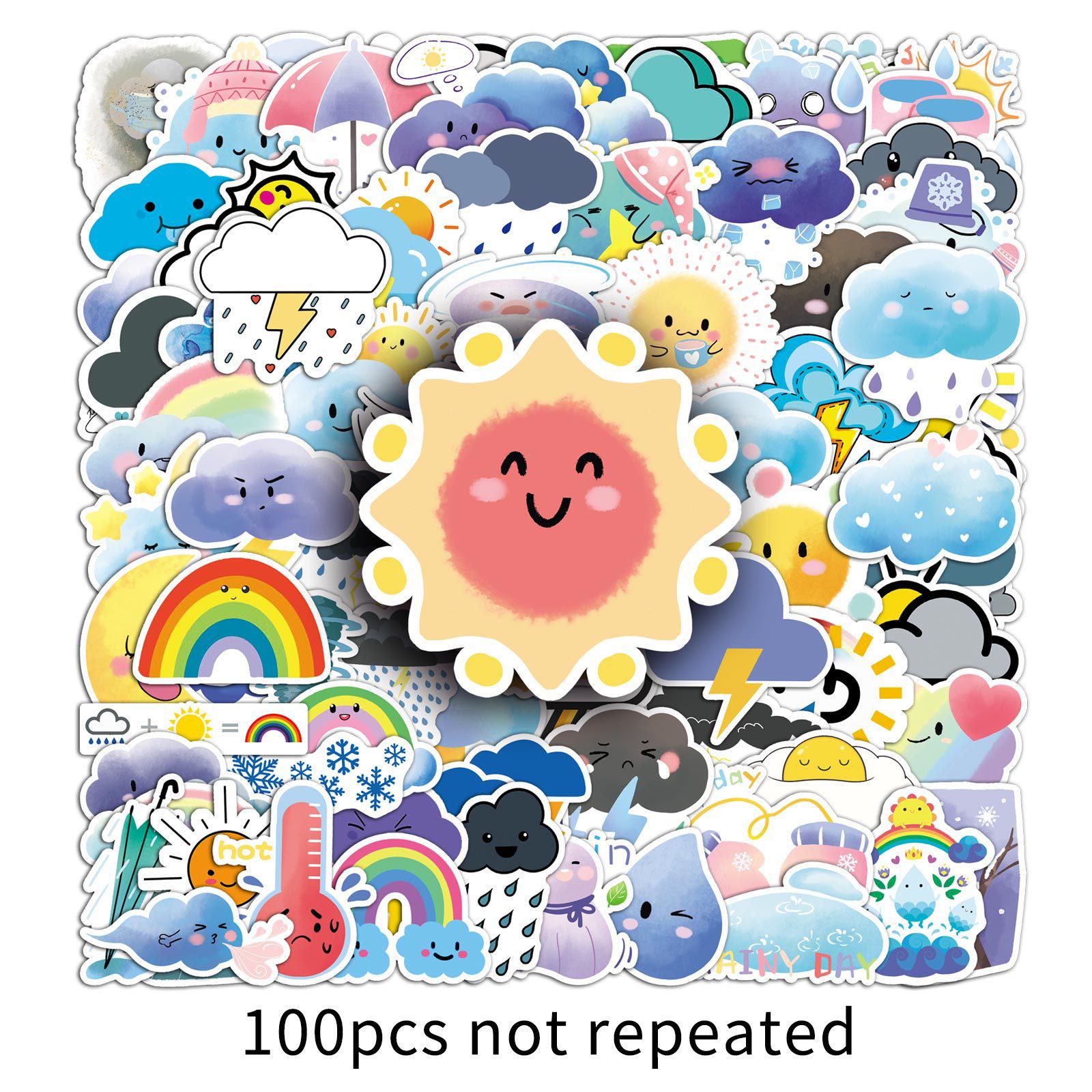 

100 Cute Weather Cartoon Stickers: Dark Clouds & Sun for Planners, Water Bottles, Phone Cases, and DIY Decoration