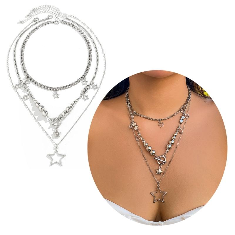 3pcs/set Layered Star Necklace Silver Hollow Star Pendant Neck Chain Fashion Neckwear Jewelry Gift for Women and Girls