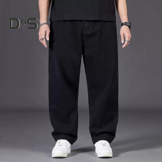 Men Jeans High Waist Solid Color Spliced Denim Pants with Pockets Straight Wide Leg Long Pants Daily Wear