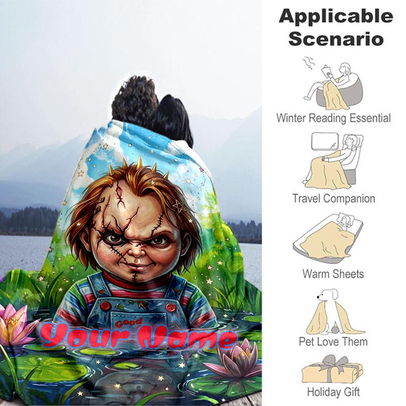 1PC Custom Name "Chucky Garden" flannel blanket versatile,all-season throw suitable for the living room,bedroom,camping,travel,and gift