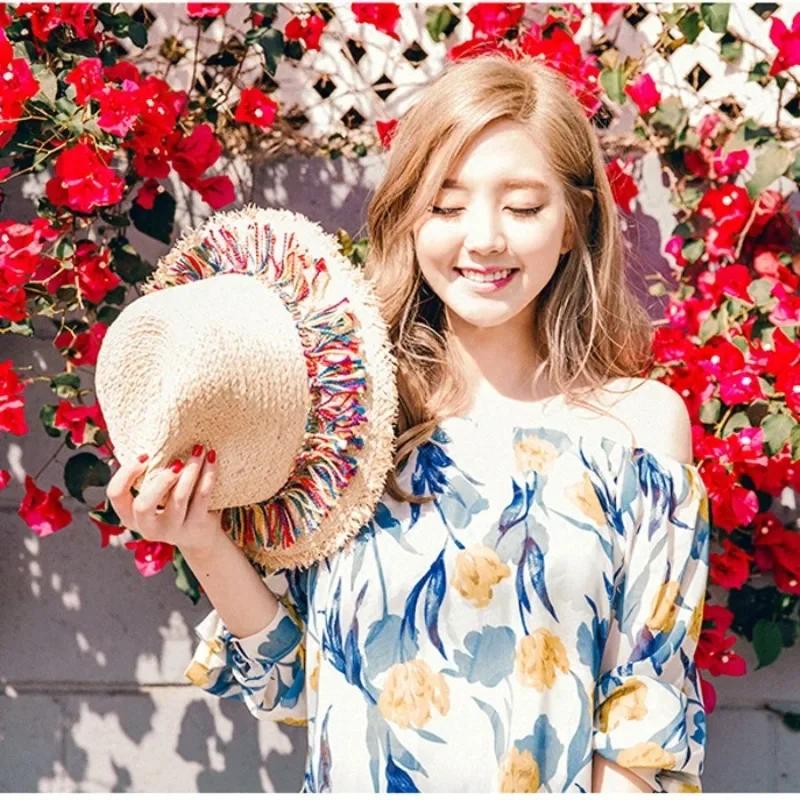 Girl's Fashion Gifts MultiColored Tassel Grass Hat for Sun Shading Sun Protection Breathable Weaving Wide Brim Grass Hat Gifts LS