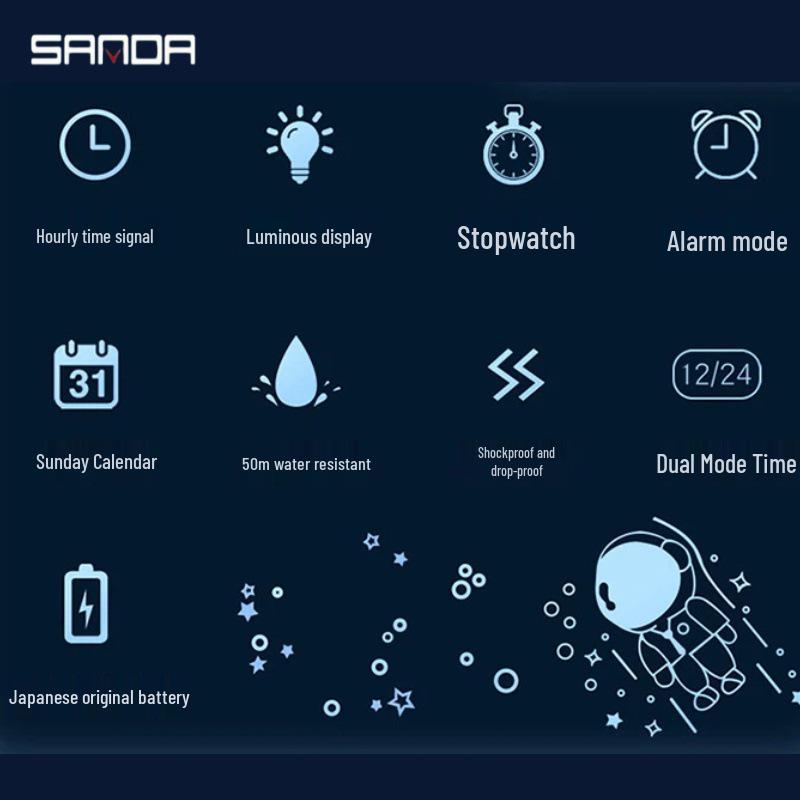 Sanda Astronaut Square Large Screen Unisex Multifunctional Watch with Detachable Strap