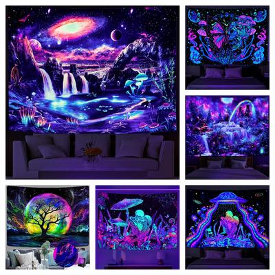 Tapisérie Blacklight Galaxy Trippy Planet Uv Reaktivní Vodopád Krajina Stěna Legrační tapisérie Tajemná houba Bohemia Tapiz