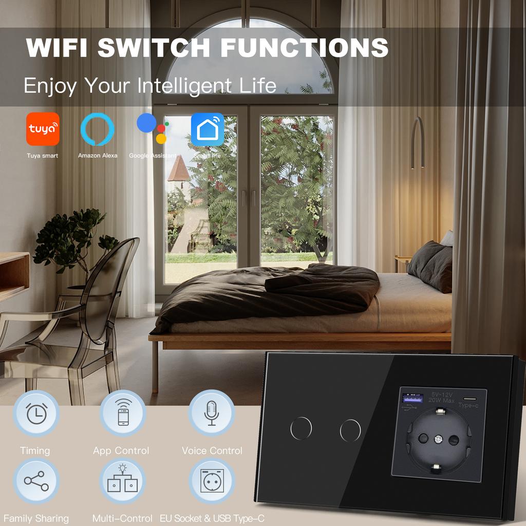 BSEED Wifi 1/2/3Gang Wall Light Switches Touch Panels Tuya Smart Life App Control With EU Power Sockets 20W USBC Charging Ports