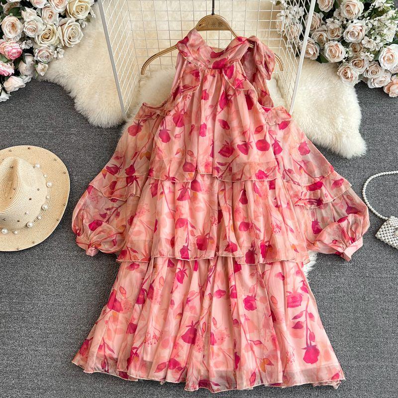 

Off-the-Shoulder Seaside Holiday Loose A- line Chiffon Tea Dress