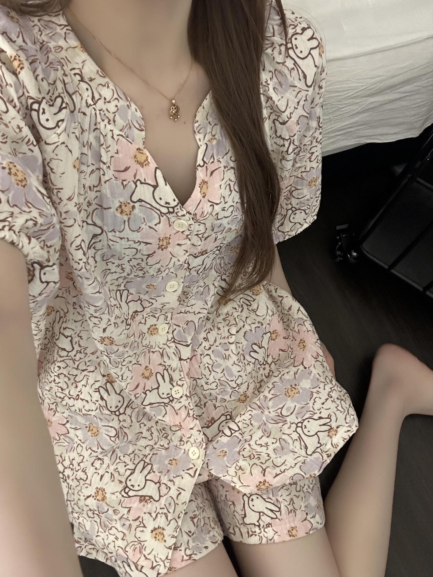 Summer Internet celebrity bunny pajamas women s summer short-sleeved shorts cardigan two-piece girl casual loungewear S