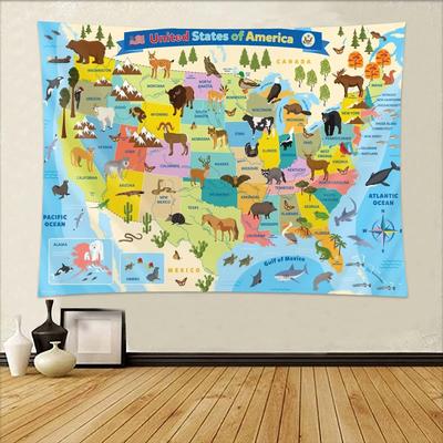 Landkarte der Vereinigten Staaten Wandteppich Cartoon Tierversion Bundesstaatenverteilung Buntes Pädagogisches Wandbehang für Kinderzimmer