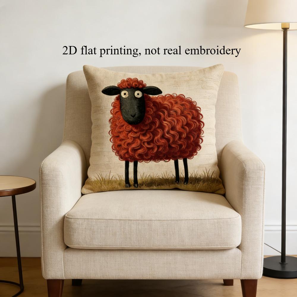 Cute Red Sheep Pillow Cover 2D Print Cartoon Farm Animal Cushion Case For Sofa Bed Couch Cozy Rustic Country Home Decor Gifts