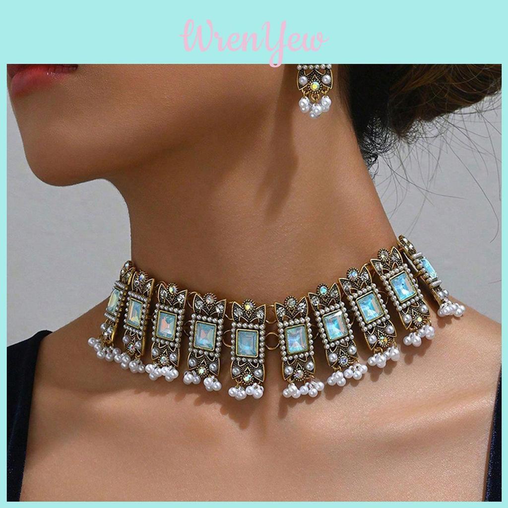 European Style Alloy Gemstone Necklace And Earrings Set With Artificial Pearl Dangles For Women