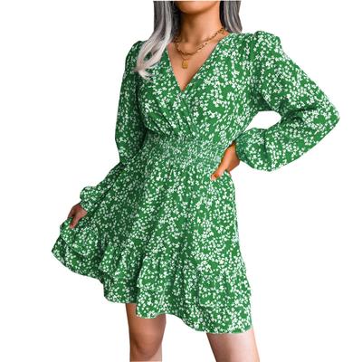 Summer Women's Skirt New Sexy Floral Chiffon Dress Female Fresh Sweet High Waist V-neck Long Dress
