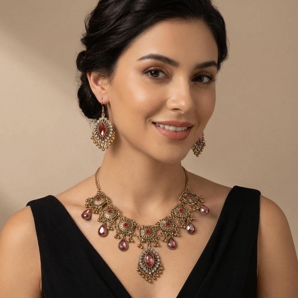 Metal Rhinestone Jewelry Set Bohemia Style Ethnic Style Necklace Set Necklace Earrings Set Women