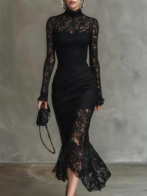 Elegante Abito Lungo Nero Elasticizzato in Pizzo a Coda di Pesce per Feste