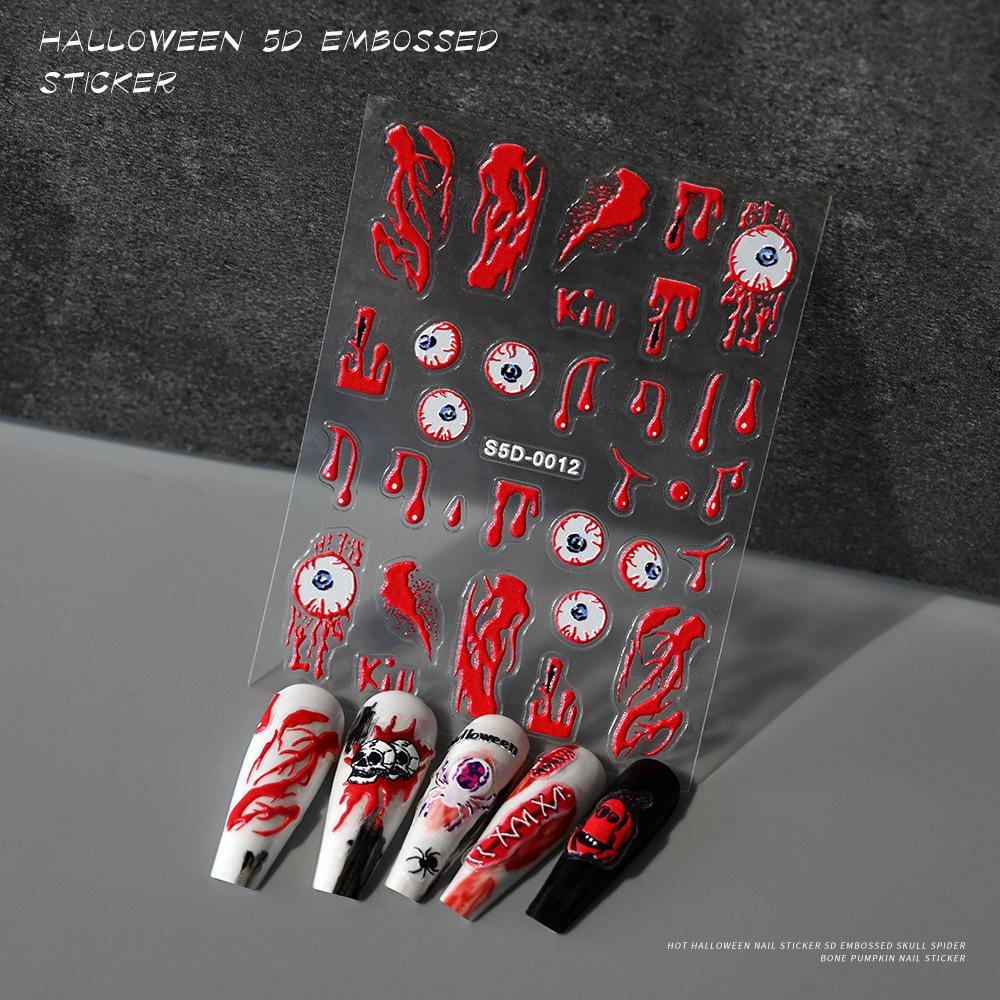 Halloween Nail Art Sticker 5D Relief Skull Pumpkin Funny Nail Sticker Three-Dimensional Relief