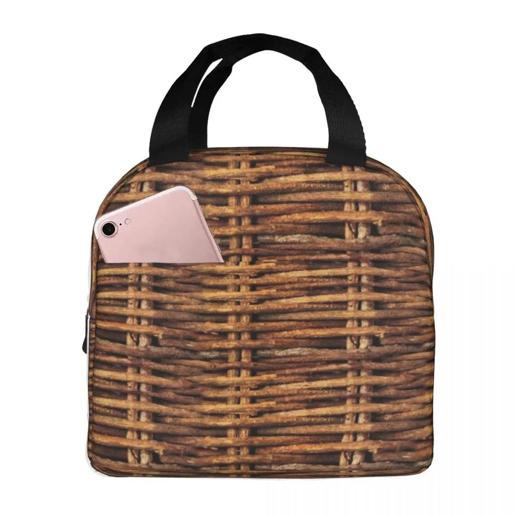 Braided Rattan Wood Wicker Lunch Bags Insulated Bento Box Waterproof Lunch Tote Resuable Picnic Bags for Woman Children Travel