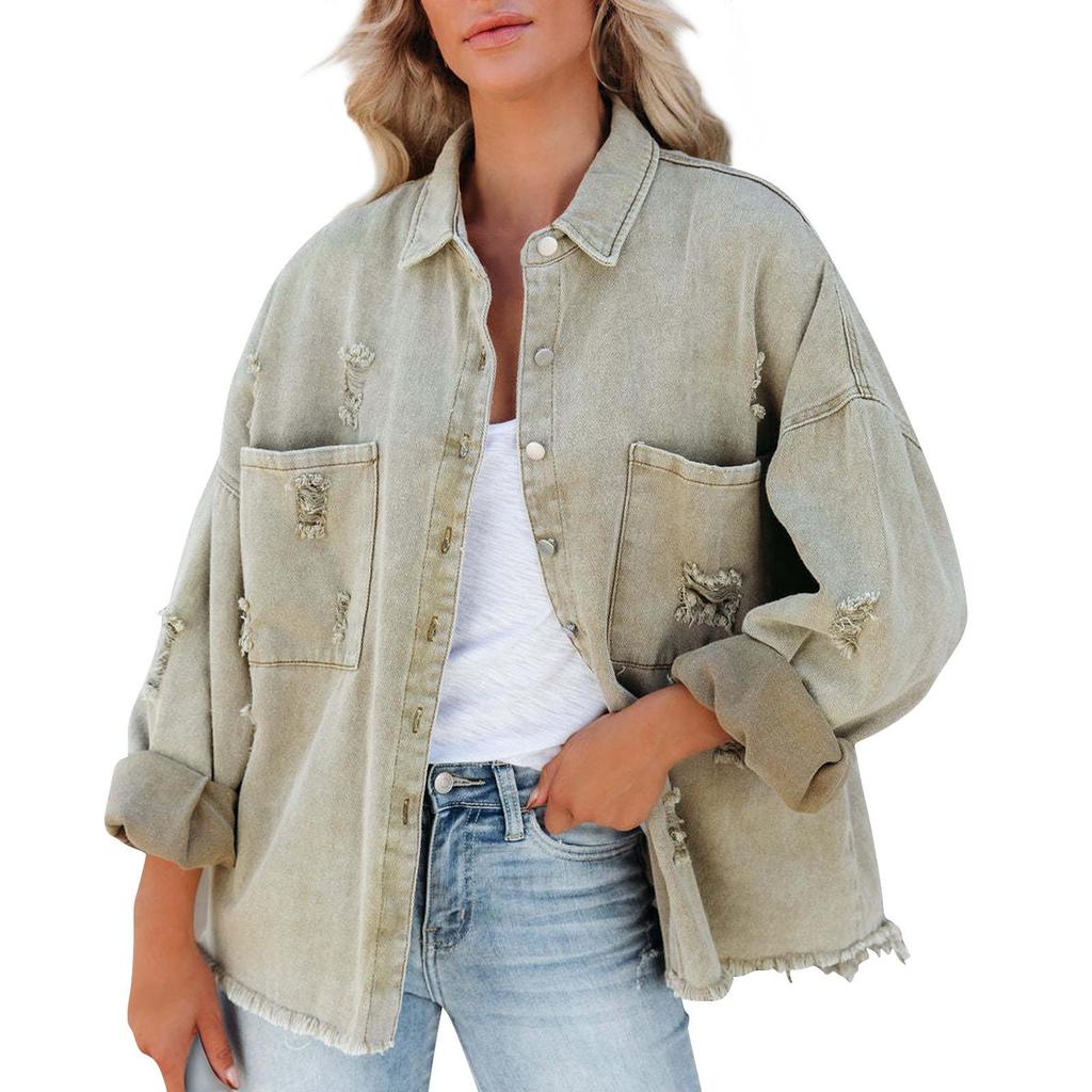 Damenmode, lässig, einfarbig, langärmelige Jeansjacke