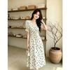 Floral Dress Summer French Retro V-neck Drawstring Pleated Bubble Sleeves High Waist Temperament Long Dress