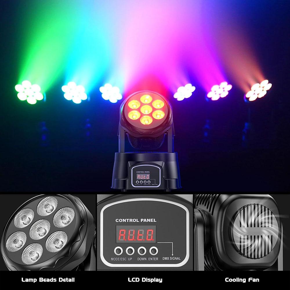 4PC 7*12W Mini Disco Light DMX512 Sound Control Wedding Party Ambient Light 540° Moving Head Stage Light Stage Performance Light