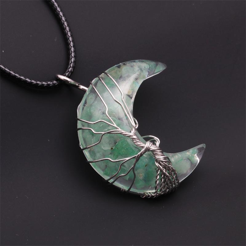 Natural Crystal Moon Pendant Necklace Tree of Life Amethyst Reiki Polished Mineral Jewelry Healing Stone for Men Women Jewelry