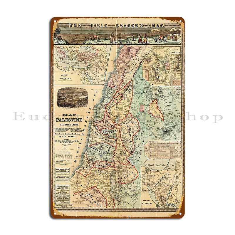 Mappa della Palestina e di Tutte le Terre Bibliche Segni Metallici Parete Grotta Murale Festa Personalizza Decorazione Murale Segno di Latta Poster