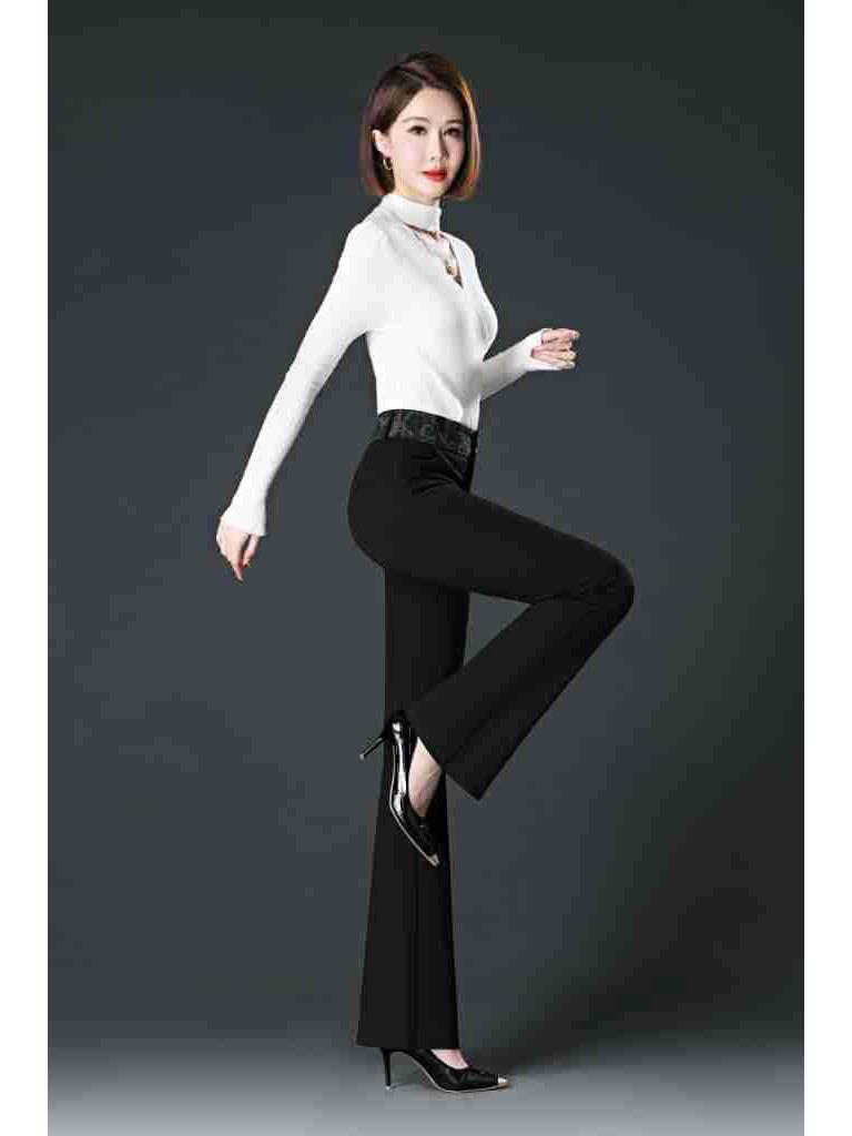 Spring/Autumn Women's High Waist Bell Bottom Knit Pants - Black, Plus Size, Slimming, Fashionable, Loose Fit