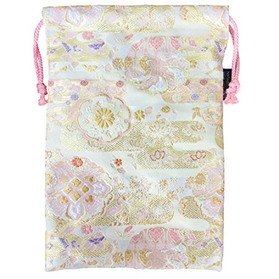 Senshishuin Nishijin Brocade Drawstring Bag Chrysanthemum Large (Lined) Wheel/White Peach,