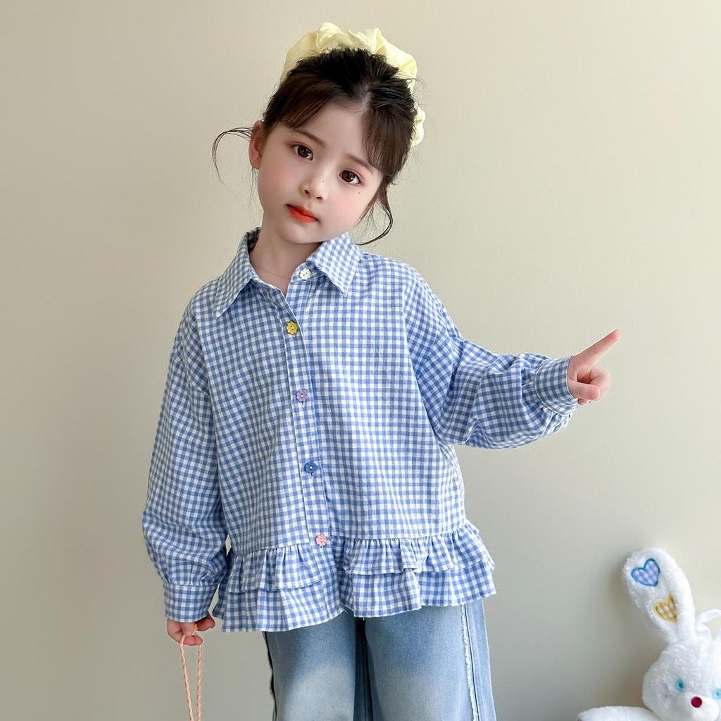 Girls' Plaid Ruffle Shirt - Korean Style Autumn Blouse for Little Girls