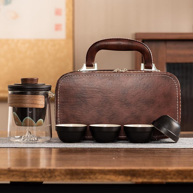Hand-painted distant mountain travel tea set, high-end outdoor portable Kung Fu tea set, tea cup light luxury gift box set, commemorative gift.