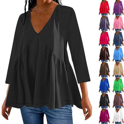 Women's Fashion Casual Solid Colour V-Neck Seven Sleeve Dress T-Shirt Top
