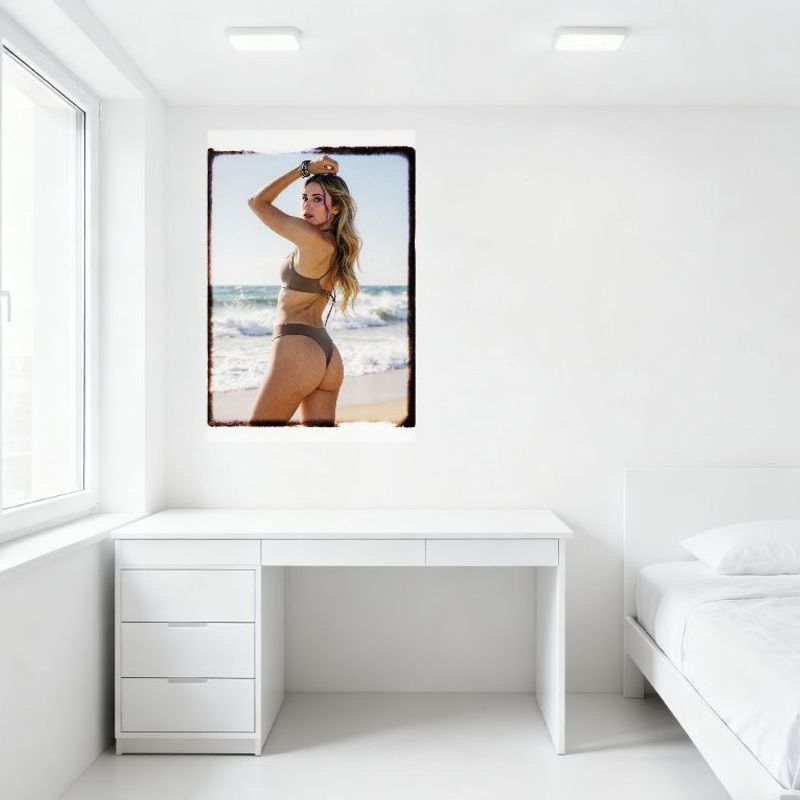 Sexy Blonde Woman Beach Pose Vintage Tin Sign High-Cut Bikini Purple Streak Wrist Bracelet Ocean Scene Metal Poster for Home Bar