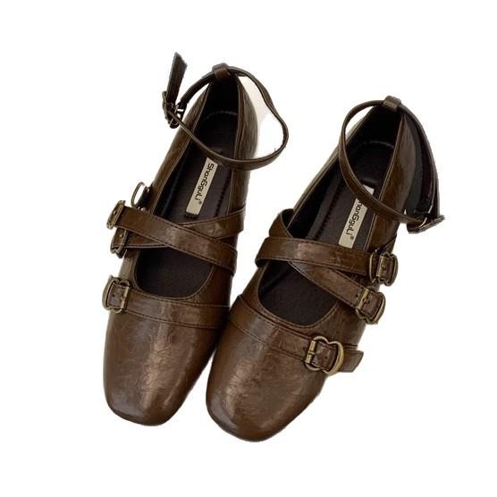 Cross belt design sense Mary Jane single shoes women's 2025 spring new French flat bottom square head commuter small leather shoes