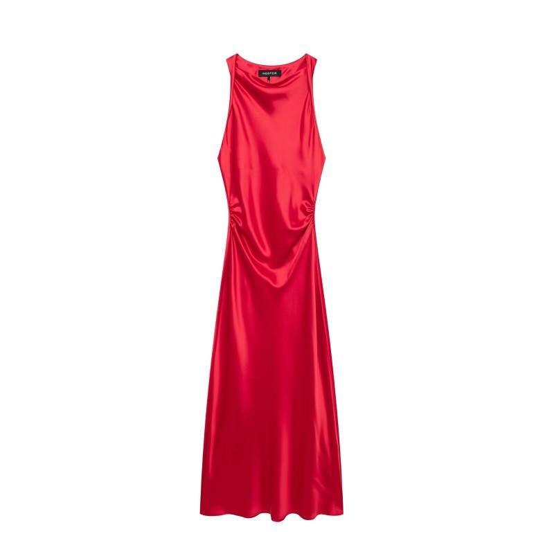 

European American Women s Clothing Summer Temperament Silk Satin Waist Sleeveless Long Dress M красный