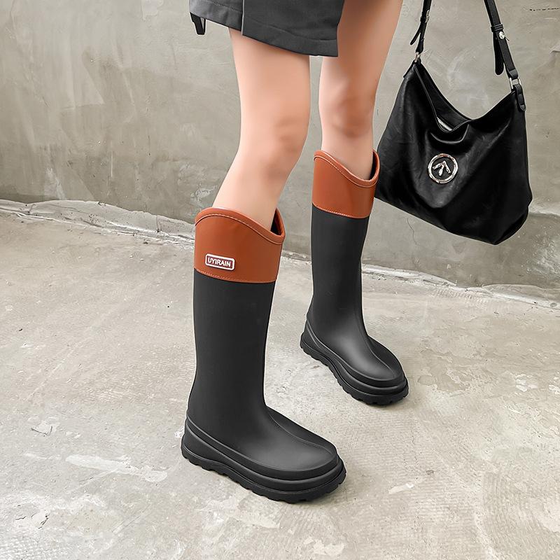 Tall rain shoes women's fashion rain boots outdoor waterproof shoes rubber shoes velvet thick-soled waterproof boots