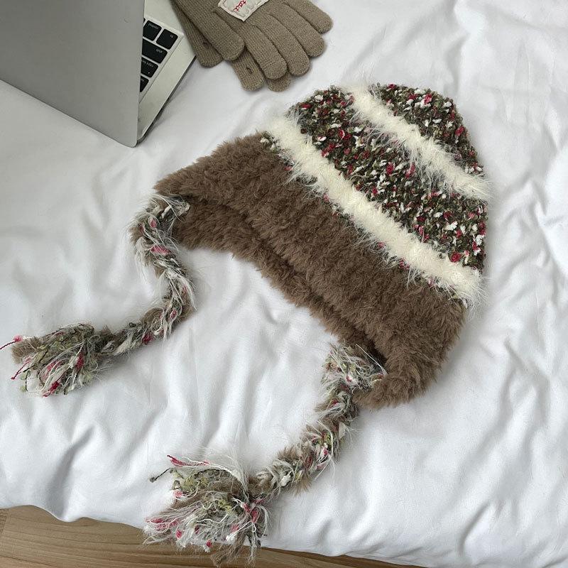 Striped splicing knitted ear protector children autumn and winter thickened warm wool cap pullover cap plush Lei Feng hat tide
