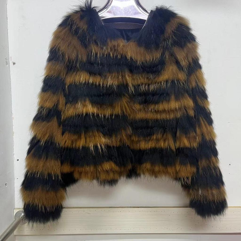 Real Raccoon Fur Women's Coat Young Style Fur Coat Women's Winter Short Slim Contrast Color Top