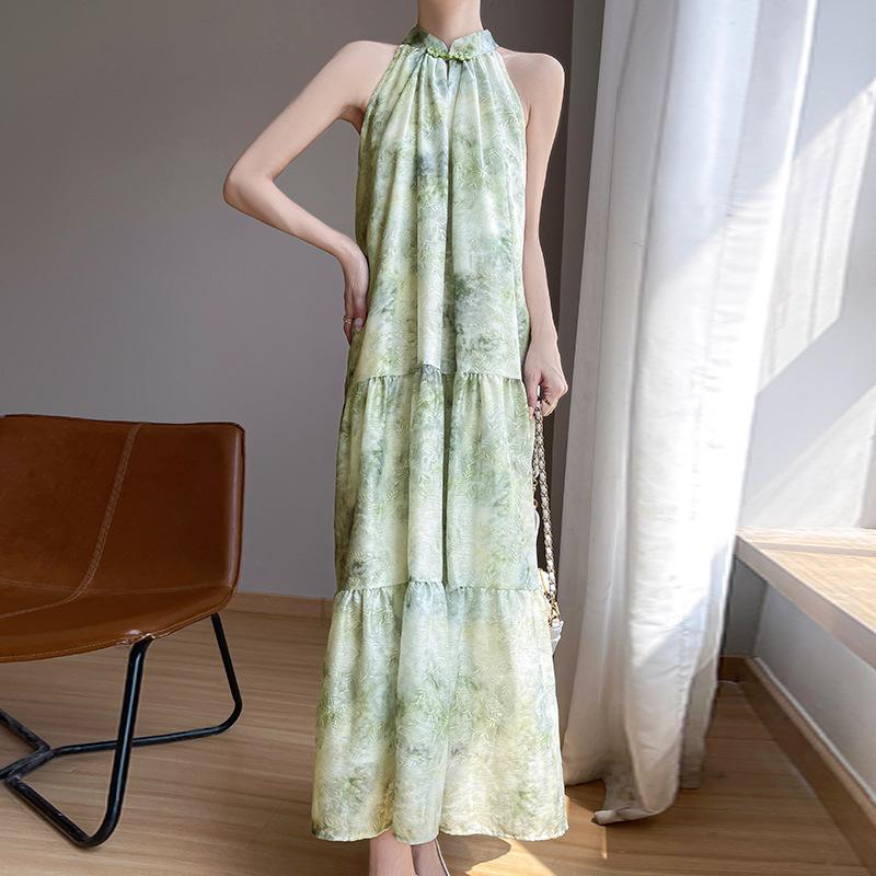 Chinese Style Printed Neck Halter Dress for Women Mid-length Summer Latest French Loose Slim-fit and Gentle Fairy Skirt