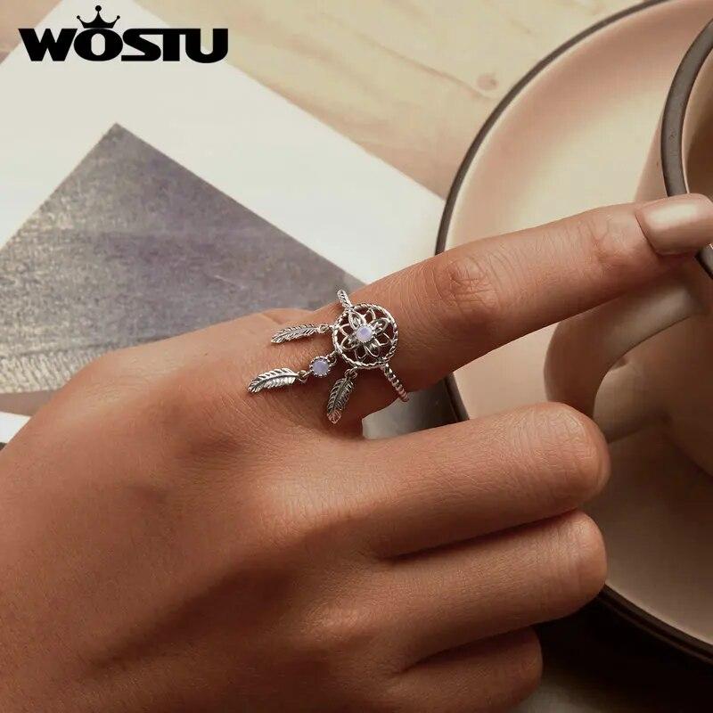 WOSTU 925 Sterling Silver Dreamcatcher Open Ring With Nano Opal Stone For Women Wedding Lucky Gift Fine Jewelry Boho Style
