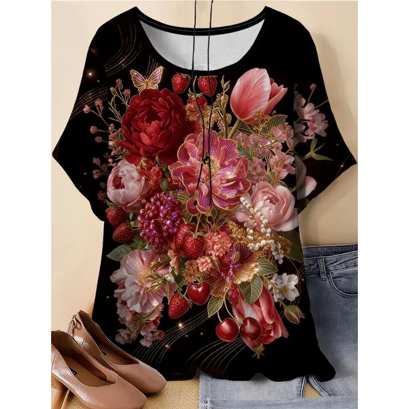Fashion Women's Crew Neck Short Sleeve 3D Flower Color Printing Flower Short Sleeve Crew Neck T-Shirt