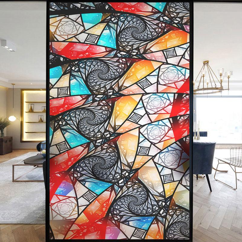 Colorful Stained Frosted Glass Film Modern Art Geometry Pattern Window Stickers Opaque Self-adhesive European Home Decor Privacy