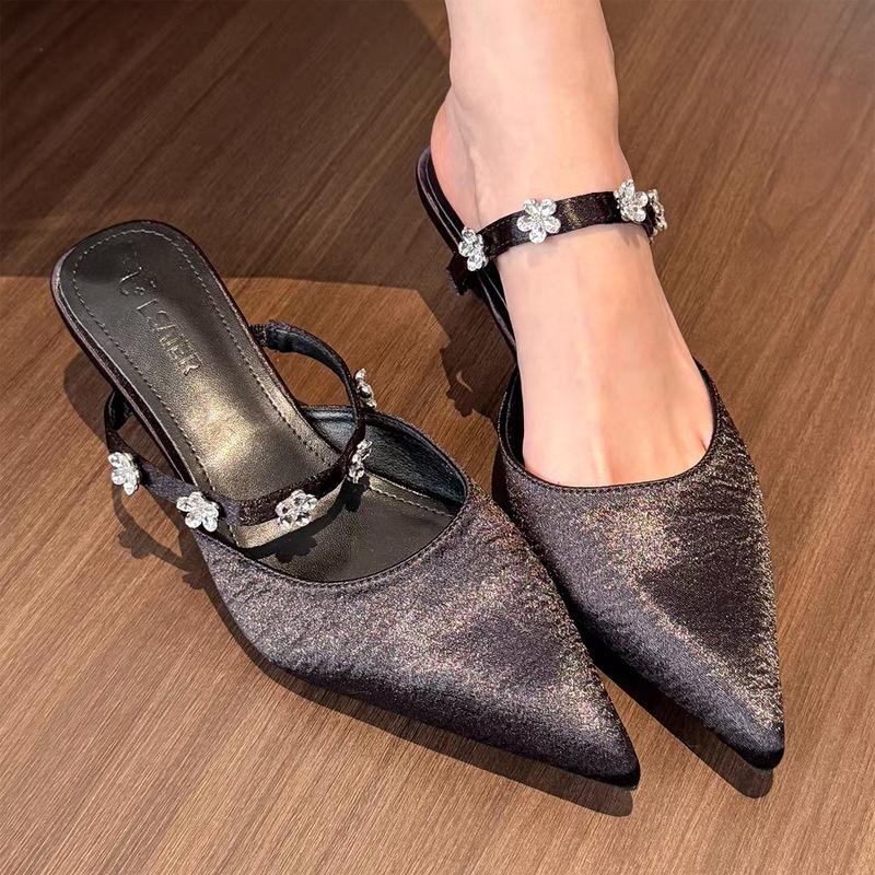 

2025 лето новые туфли на тонком каблуке с острым носком, с цветком из страз, темпераментные крутые шлепанцы на одном ремешке, туфли-лодочки с открытой пяткой, женские 39