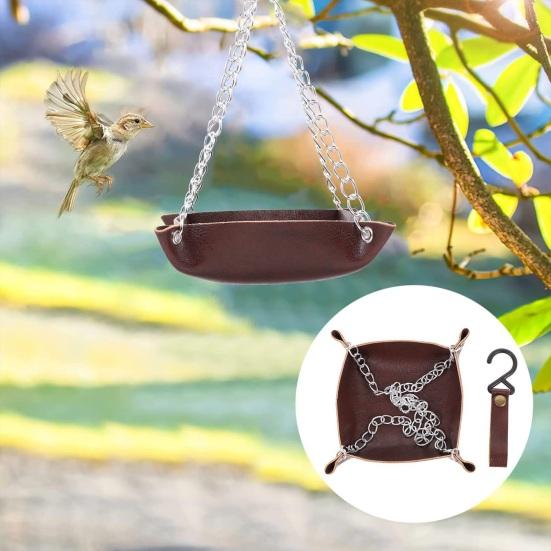 Hanging Bird Feeder Outdoor Hummingbird Feeders Faux Leather Feeding Tray Metal Mesh Attracting Wild Birds Square Platform