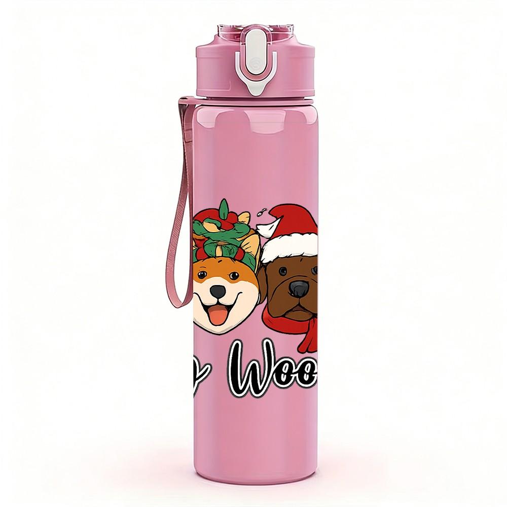 1PC Santa Dog Christmas Group Print 750ml Color Plastic Sports Water Bottle Leakproof Flip Straw Lid Suitable for Sports Office Home Use