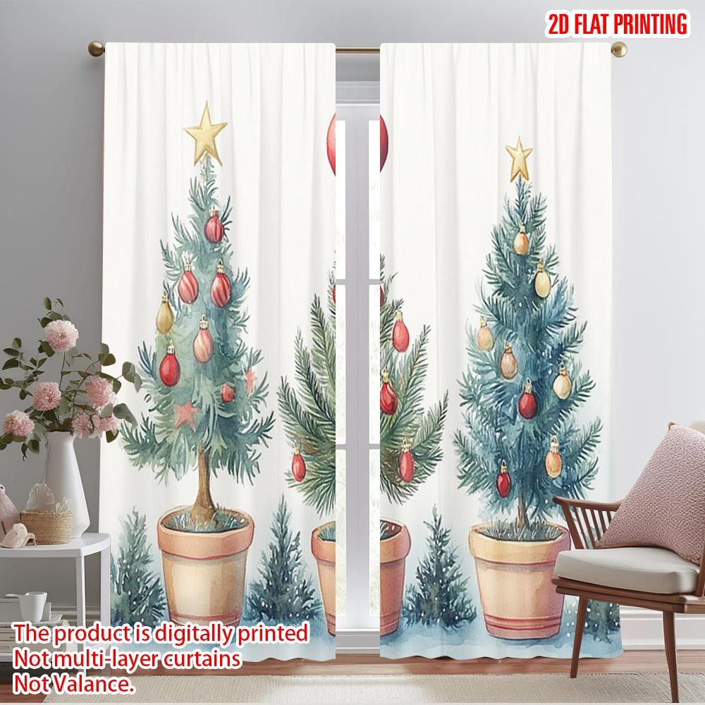 

2pcs,2D plane printing Window Curtain Christmas Tree Ornament Watercolor (2) Polyester Easy Install (without rod) Festive Ldeal 52.50×116.00 CM 2pcs