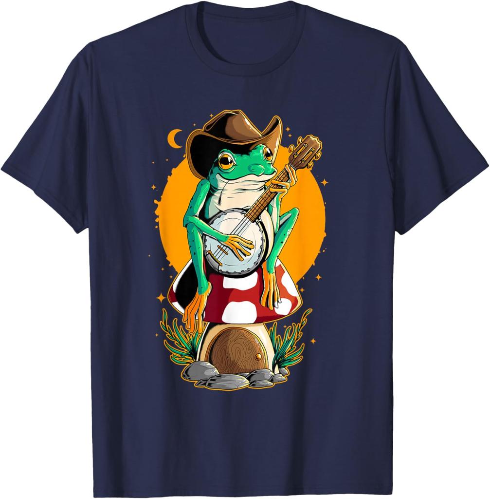 Cowboy Frog Playing Banjo Mushroom House Graphic T-Shirt Retro Cottagecore Aesthetic Casual Cotton Tee
