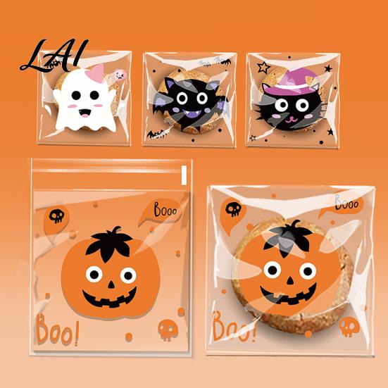 Self Adhesive Treat Bags 100 Pcs Small Halloween Bags Seal Clear Candy Dessert Snack Cookie Trick or Party Favors for Holiday Cute Cartoon Pouches