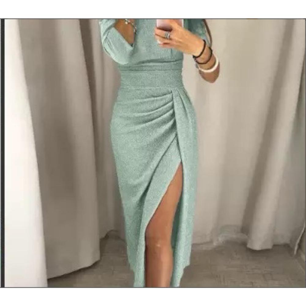Women's Off-Shoulder Long Sleeve Ruched Slit Glitter Evening Dress