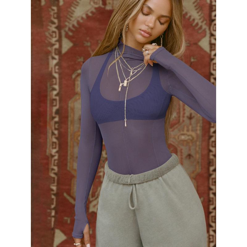 Hot Selling Sexy See-Through Mesh Long Sleeve Slim-Fit High Neck Women's Top