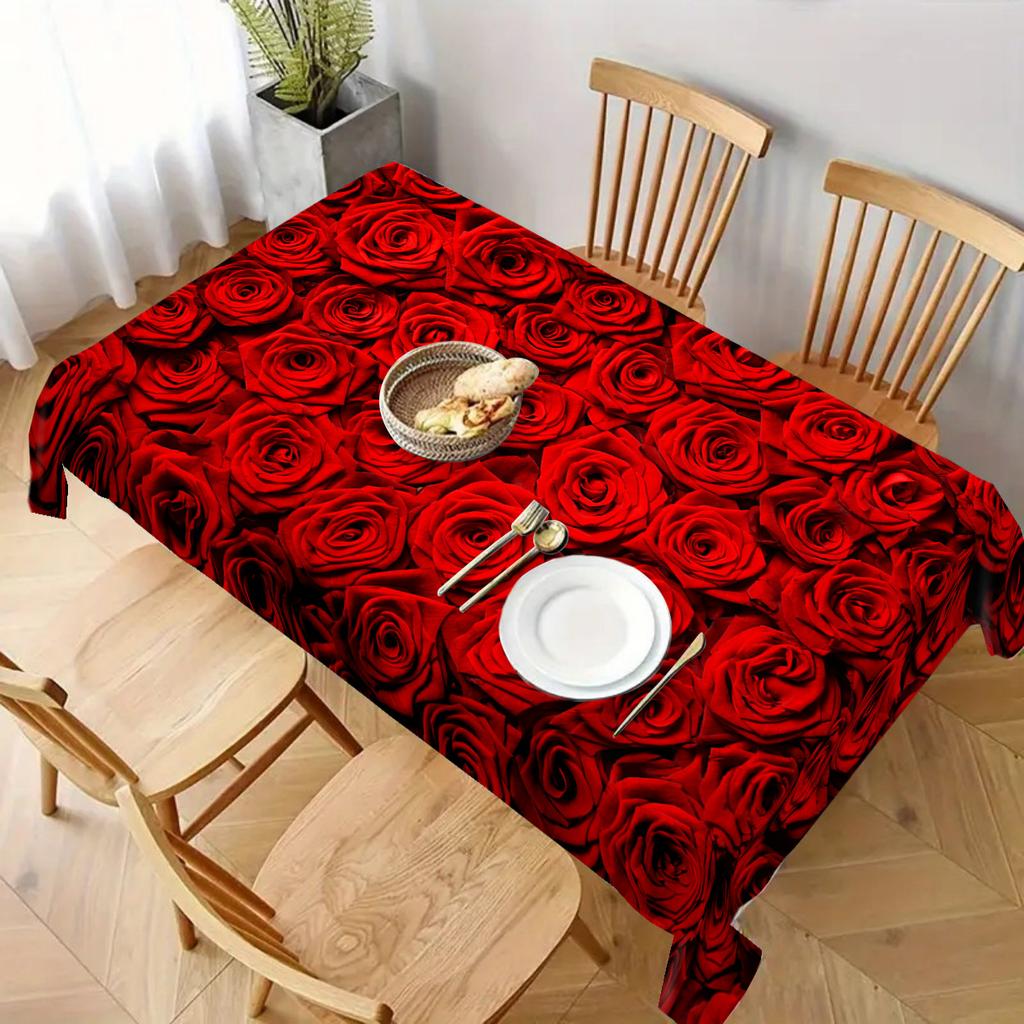 Valentine's Day Red Rose Waterproof Tablecloth Wedding Party Decor Reusable Kitchen Dining Tablecloth Valentine's Day Decoration